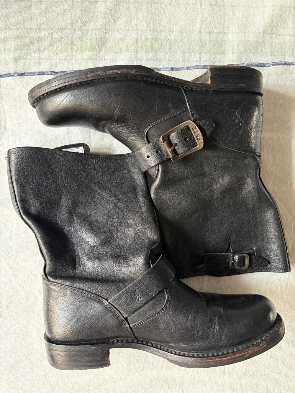 Frye Veronica Black Leather Engineer Boots with Buckle Detail